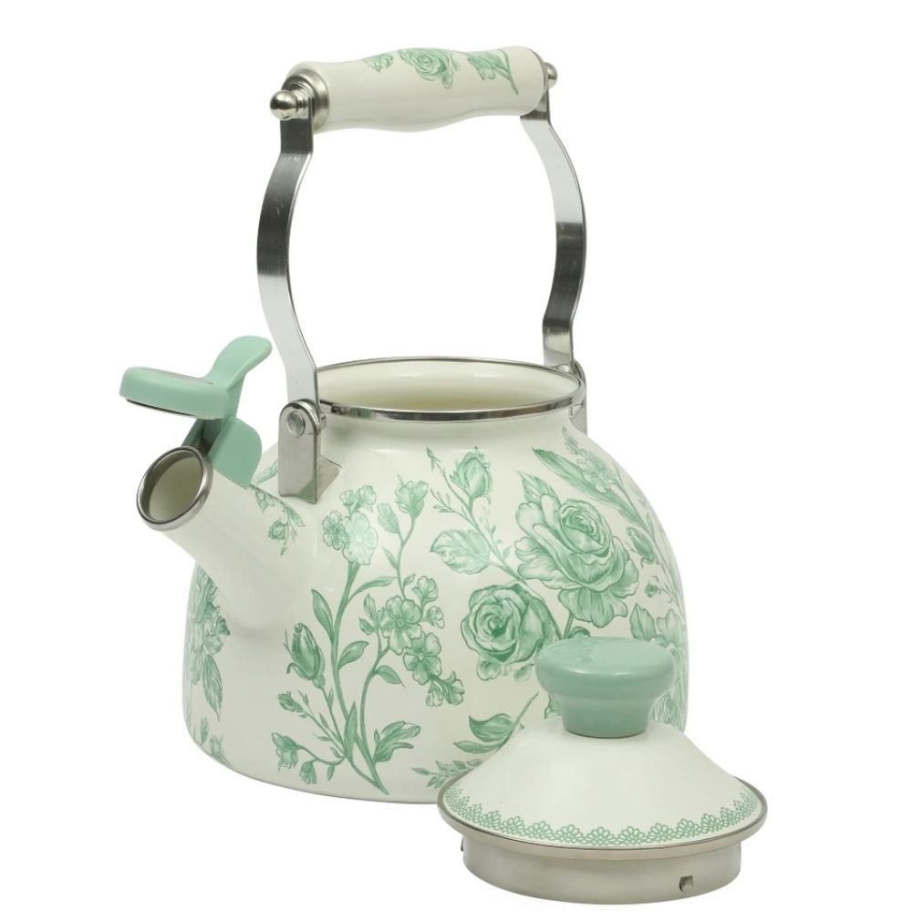 ❤️ 2025 The Pioneer Woman Agatha  Green and White Floral Whistling Tea Kettle